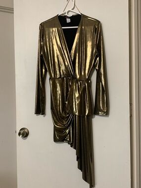 Vintage style Metallic Gold Wrap-Style Asymmetric Dress